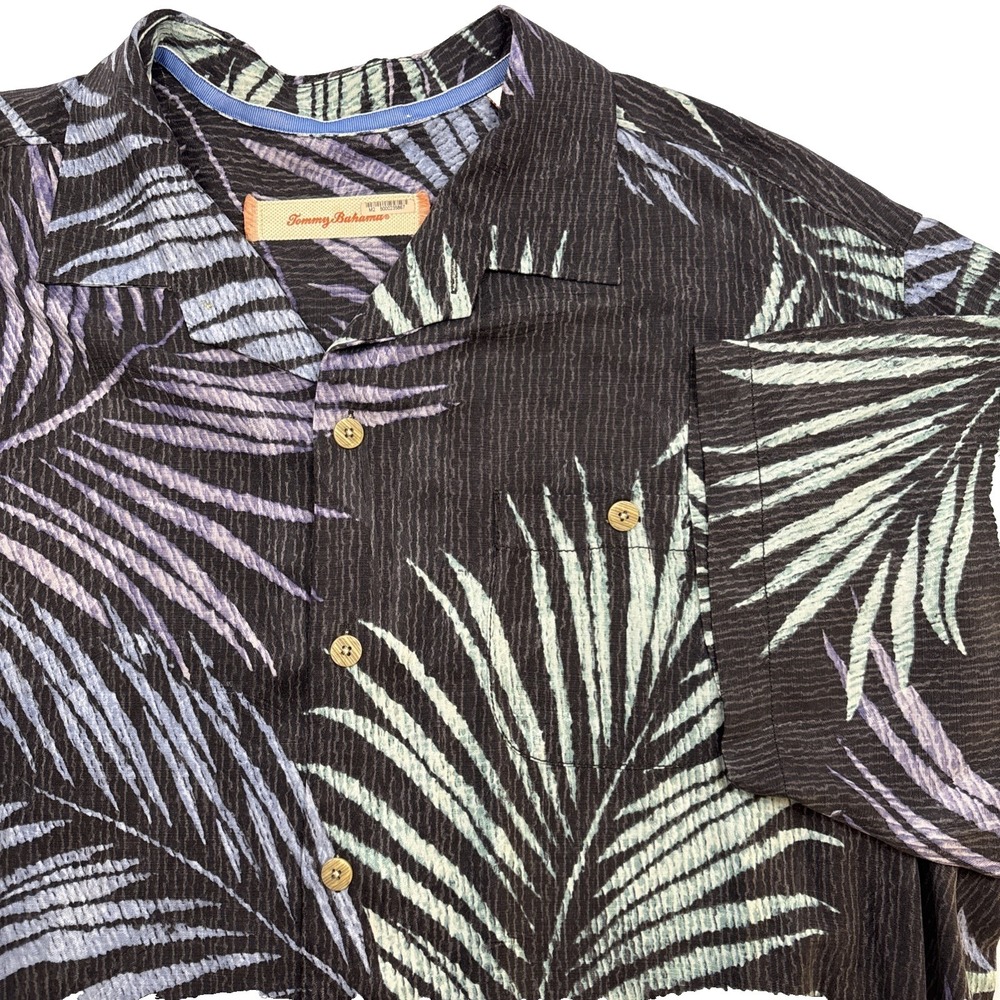 Tommy Bahama XL Silk Black Palm Tree Island Print Camp Shirt Mens Hawaiian